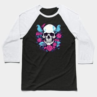 Floral Flowers Skull and Birds Baseball T-Shirt